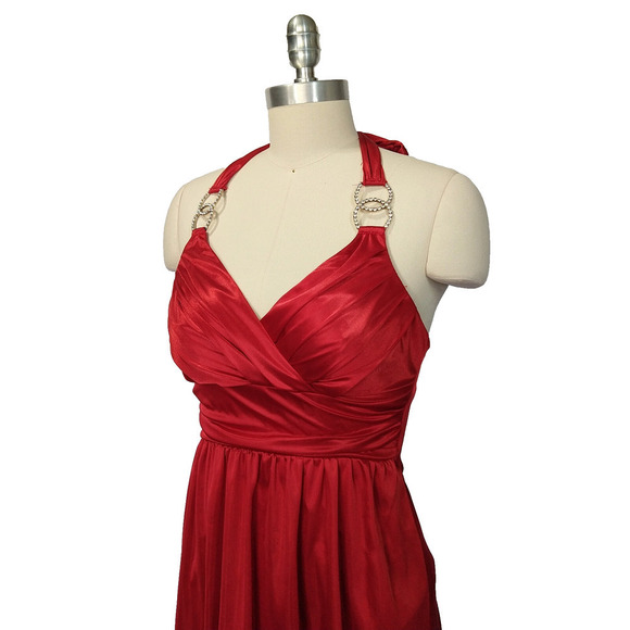Vintage Y2K Red Satin Halter Mini Dress Size M Trixxi Bubble Hem Hoco Formal - Picture 5 of 8